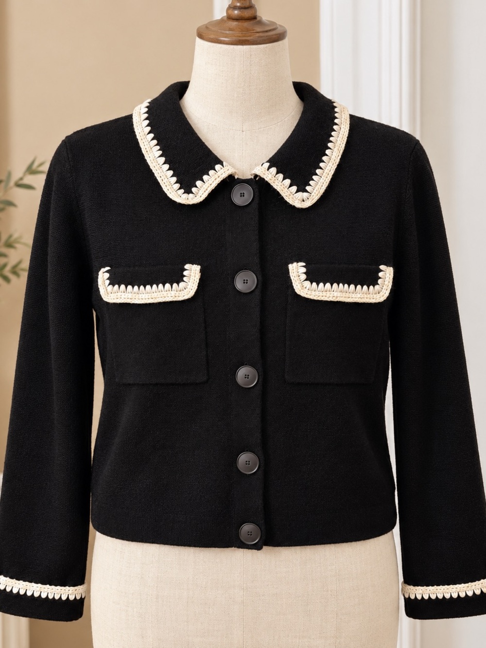SÉZANE Black Ecru Crochet Trim Cardigan Jacket XL